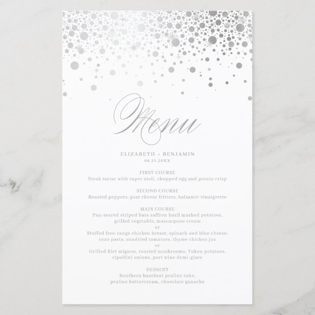 Silver Foil Confetti Dots Wedding Menu Card (Front)