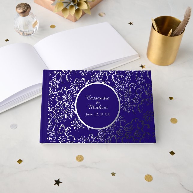 Silver Foil Daisies Floral Royal Blue Wedding Guest Book (Front Open)