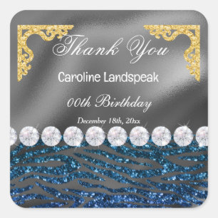 Silver Foil Dark Blue Glitter Zebra Print Birthday Square Sticker