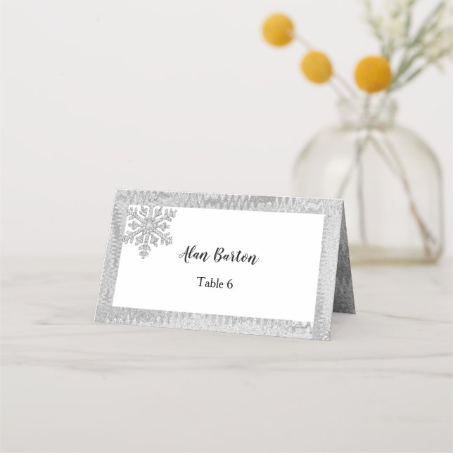 Silver Foil Diamond Snowflakes Sparkle Place Card (Front)