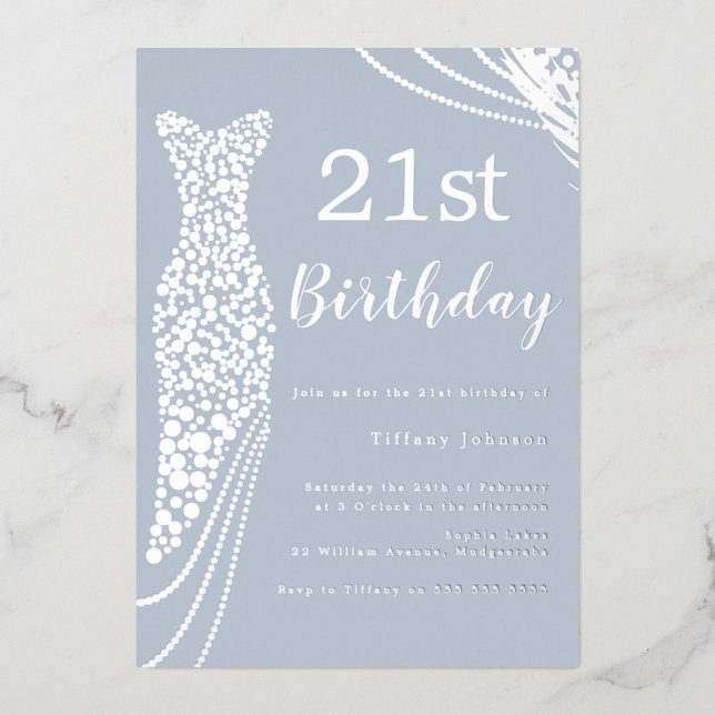 Silver Foil Dress Dusty Blue Elegant 21st Birthday (Front)