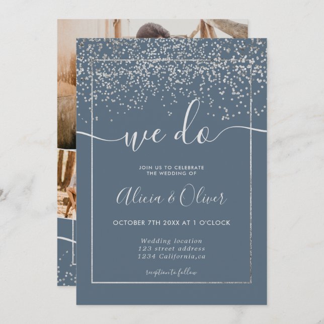 Silver foil dusty blue photo initials wedding invitation (Front/Back)