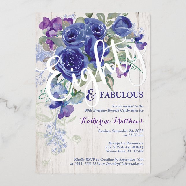 Silver Foil Eighty Blue Watercolor Rose Invite (Front)