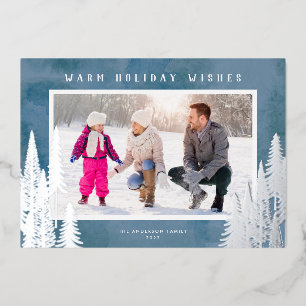 Silver Foil Evergreen Trees Blue Christmas Holiday Card