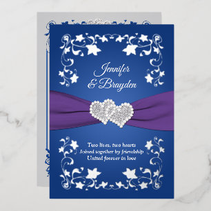 Silver Foil Floral, Joined Hearts Wedding Foil Inv