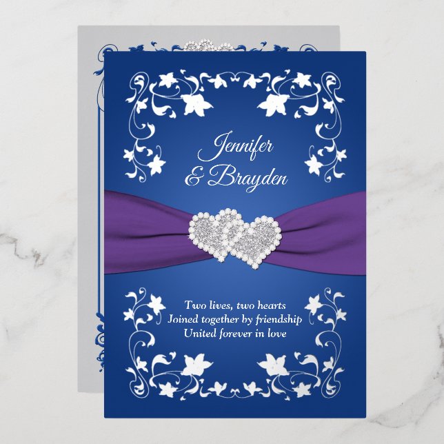 Silver Foil Floral, Joined Hearts Wedding Foil Inv (Front/Back)