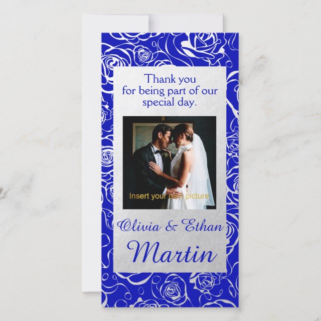 Silver Foil Floral with Roses and Royal Blue Thank You Card (Front)
