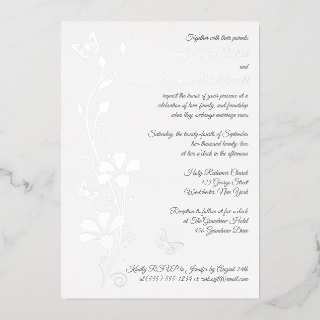 Silver Foil Flowers and Butterflies Wedding Invite (Front)
