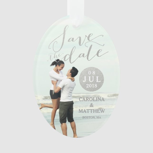 Silver Foil Glamour | Photo Save the Date Holiday Ornament (Front)