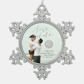 Silver Foil Glamour | Photo Save the Date Holiday Snowflake Pewter Christmas Ornament