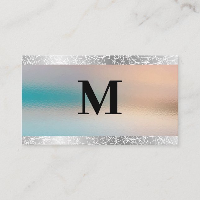 Silver Foil | Glass Texture Background | Monogram Business Card (Front)