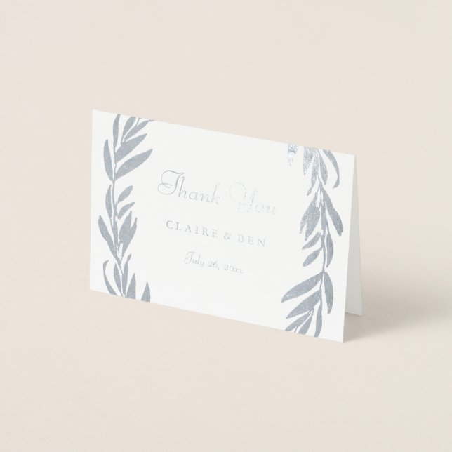 Silver Foil Grey Leaf Wreath Wedding Thank You Card (Front)