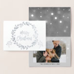 Silver Foil Merry Christmas Snow Photo Card<br><div class="desc">Silver Foil Merry Christmas Charcoal Grey Hand Lettered Script Snowflake Photo Card. The photo and text of this Christmas Card can be updated and customized with your photo and name. This card displays your name on the inside of the Silver Foil Christmas Card.</div>