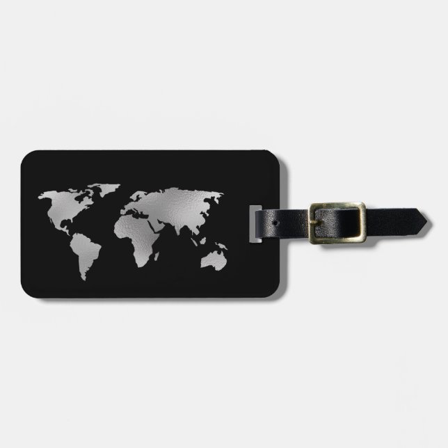 Silver Foil Metallic World Map Luggage Tag (Front Horizontal)