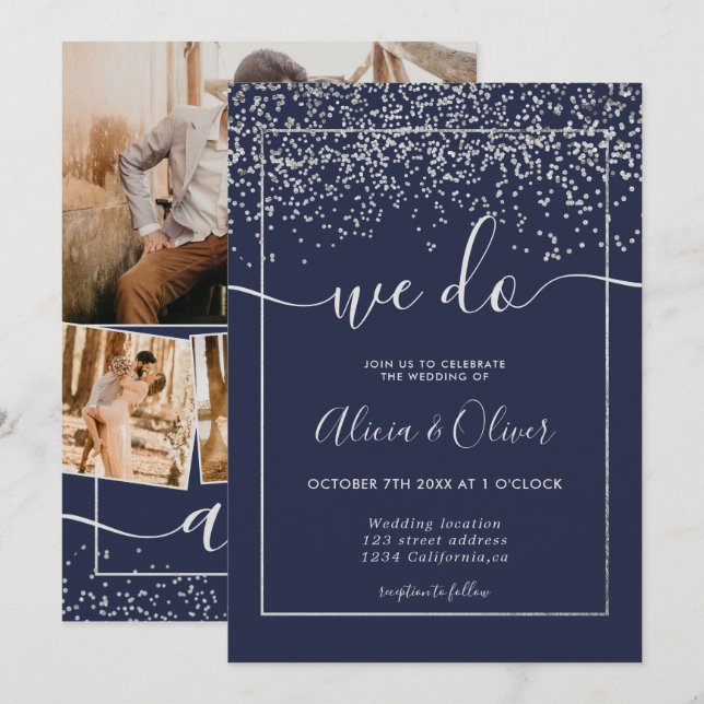 Silver foil navy blue photo initials wedding invitation (Front/Back)