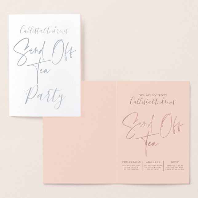 Silver Foil Pink Rose Gold Typography Send Off Tea Card (Display)