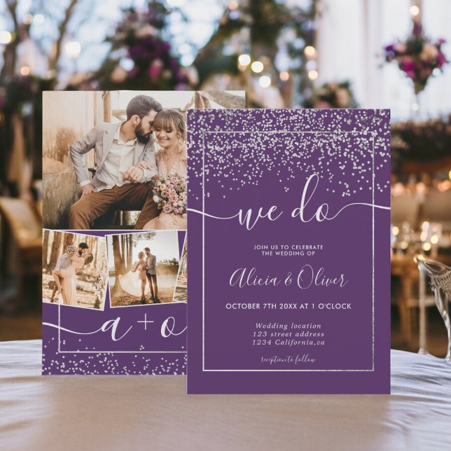 Silver foil plum purple photo initials wedding invitation (Silver foil plum purple photo initials wedding invitation)