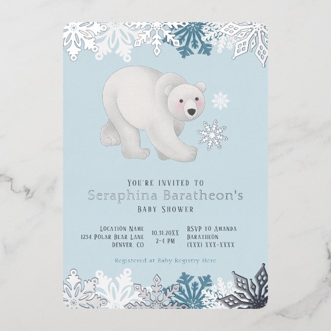 Silver Foil Snowflake Polar Bear Baby Shower (Front)