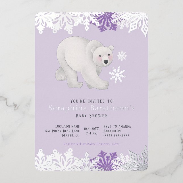 Silver Foil Snowflake Polar Purple Baby Shower (Front)