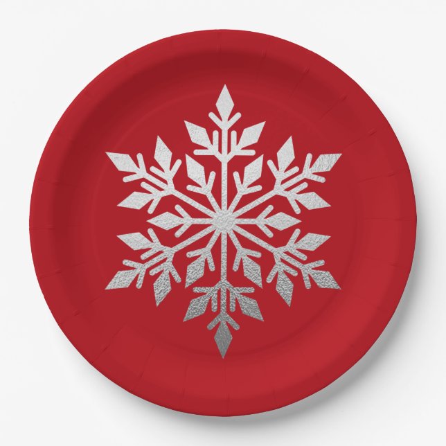 Silver Foil Snowflake Solid Red Christmas Party Paper Plate (Front)