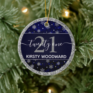 Silver Foil Snowflakes & blue bokeh 21st Birthday Ceramic Ornament