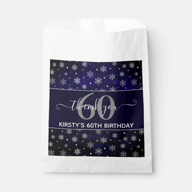 Silver Foil Snowflakes & blue bokeh 60th Birthday Favour Bag (Front)