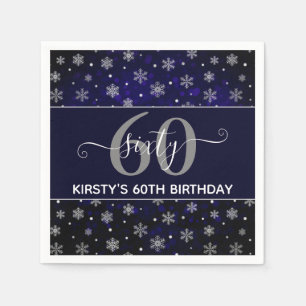 Silver Foil Snowflakes & blue bokeh 60th Birthday Napkin