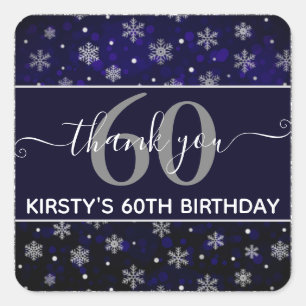 Silver Foil Snowflakes & blue bokeh 60th Birthday Square Sticker