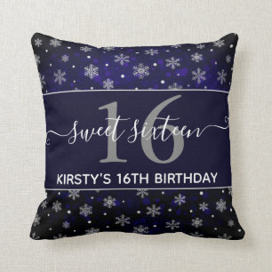Silver Foil Snowflakes & blue bokeh Sweet 16 Throw Pillow
