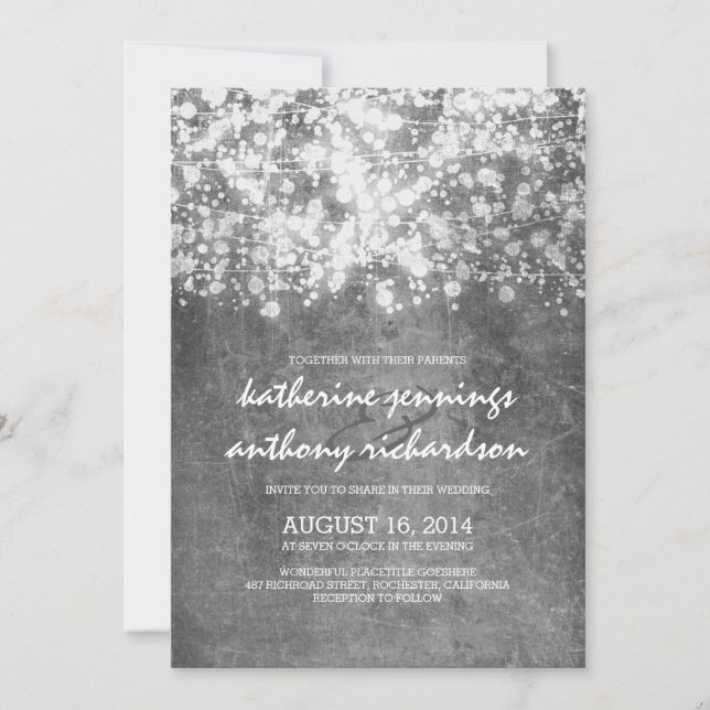 silver foil string lights glitter wedding invites (Front)
