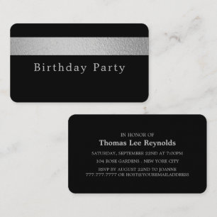 Silver Foil Stripe on Black Birthday Party Ticket