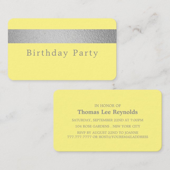 Silver Foil Stripe on Yellow Birthday Party Ticket (Front/Back)