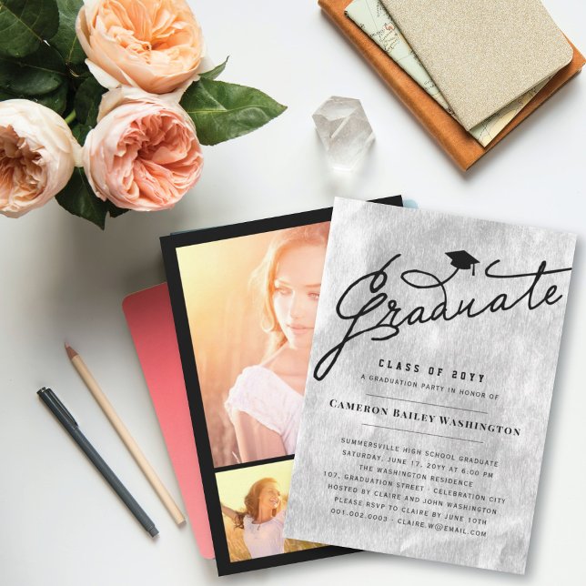 Silver Foil Stylish Graduate Graduation Cap Party Invitation (Creator Uploaded)
