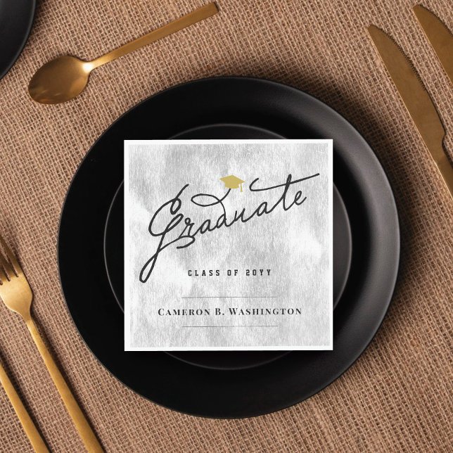 Silver Foil Stylish Graduate Script Grad Party Napkin (Stylish Graduate Script Silver Foil Modern Graduation Party Paper Napkin @ zazzle.com/color_therapy)