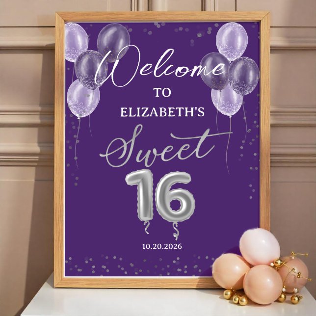 Silver Foil Sweet 16 Ballons Affiche de bienvenue  (Créateur téléchargé)