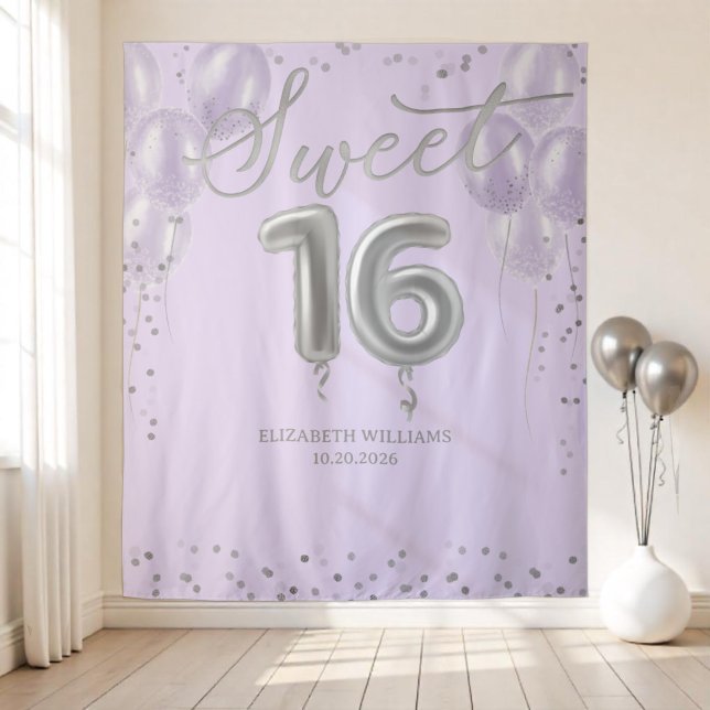 Silver Foil Sweet 16 Balloons Lavender Backdrop Tapestry (Creator Uploaded)