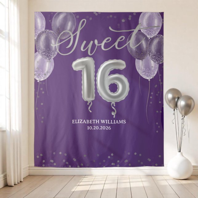 Silver Foil Sweet 16 Balloons Purple Backdrop Tapestry (Creator Uploaded)