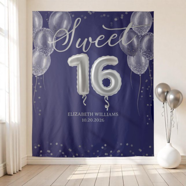 Silver Foil Sweet 16 Balloons Royal Blue Backdrop Tapestry (Creator Uploaded)