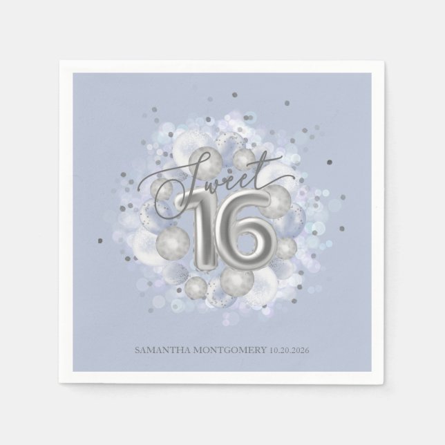 Silver Foil Sweet 16 Bday Balloons Dusty Blue Napkin (Front)