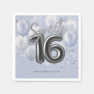  Silver Foil Sweet 16 Bday Balloons Dusty Blue Napkin