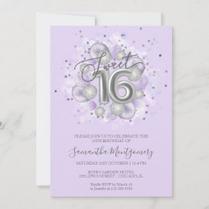 Silver Foil Sweet 16 Bday Balloons Party Lavender Invitation