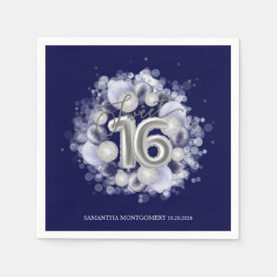 Silver Foil Sweet 16 Bday Balloons Royal Blue Napkin