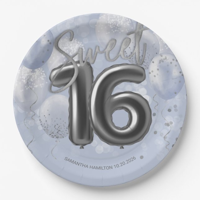 Silver Foil Sweet 16 Birthday Balloons Dusty Blue Paper Plate (Front)