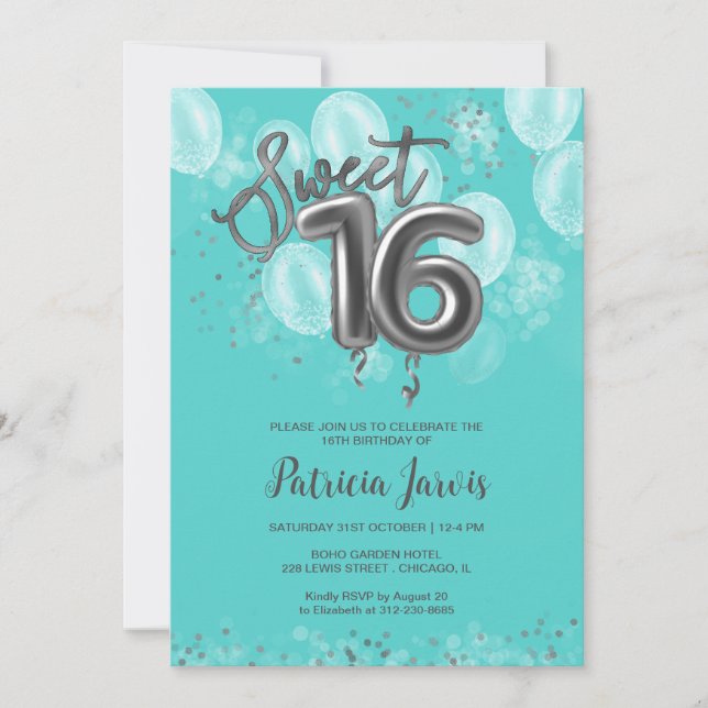 Silver Foil Sweet 16 Birthday Balloons Party Teal Invitation (Front)