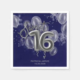 Silver Foil Sweet 16 Birthday Balloons Royal Blue Napkin