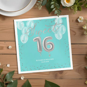 Silver Foil Sweet 16 Birthday Balloons Royal Teal Napkin
