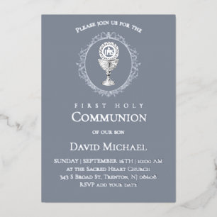 Silver foil text First Holy Communion boy