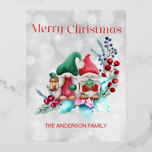 Silver Foil Watercolor Christmas Gnomes Holiday Postcard