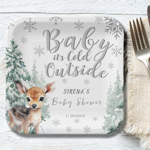 Silver Forest It's Cold Outside Winter Baby Shower Paper Plate