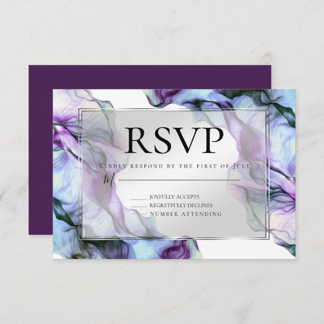 Silver Frame Abstract Plum Teal Flowing Ink Invitation (Front/Back)